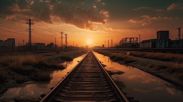 Una vía férrea con una puesta de sol en el fondo