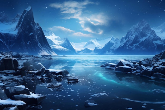 Foto via láctea acima da costa do mar congelado e montanhas cobertas de neve no inverno à noite na paisagem com azul