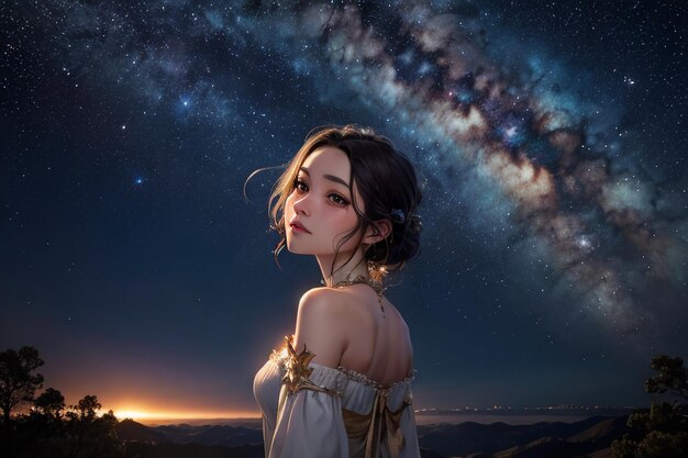 Foto vía láctea cielo nocturno romántico lleno de estrellas la chica mirando hacia arriba en el cielo estrellado echo de menos te amo