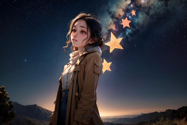 Foto vía láctea cielo nocturno romántico lleno de estrellas la chica mirando el cielo estrellado señorita te amo
