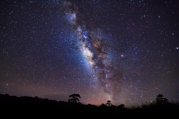 Via Láctea e silhueta de árvore com nuvem Fotografia de longa exposiçãoCom grão