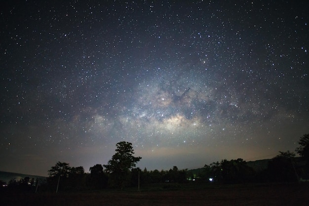 Via Láctea e silhueta de árvore em Phitsanulok Tailândia fotografia de longa exposição com grão