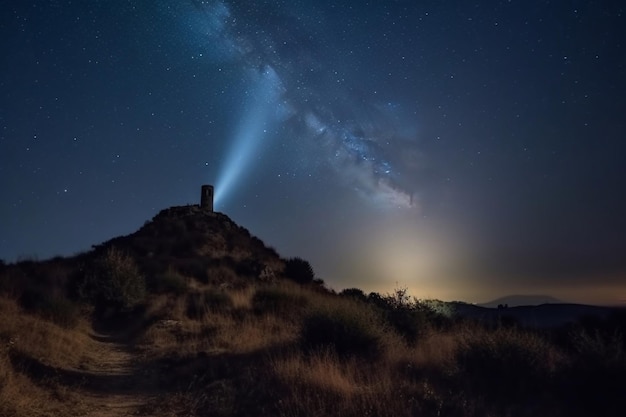 Una vía láctea es visible sobre una colina en el cielo nocturno.