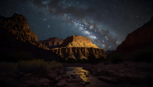 La vía láctea es visible sobre las montañas por la noche.