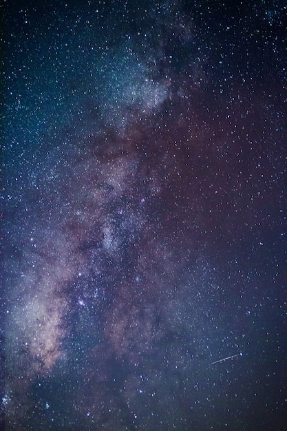 Vía láctea. Fantástico paisaje nocturno con púrpura vía láctea, cielo lleno de estrellas, estrellas brillantes.