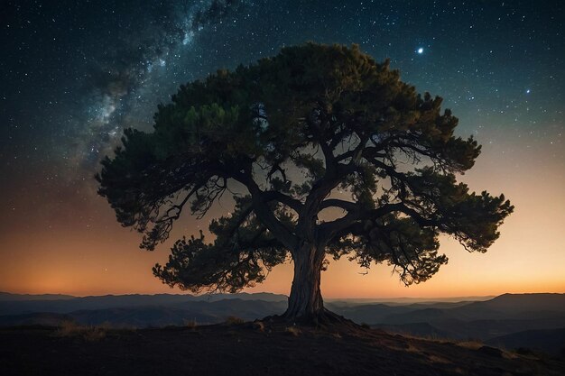 Foto via láctea sobre belas montanhas à noite paisagem de outono com montanhas céu roxo com estrelas