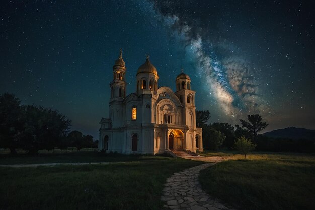 Foto vía láctea sobre hermosas montañas por la noche paisaje de otoño con montañas cielo púrpura con estrellas