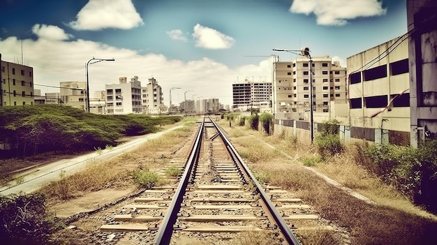 Una vía de tren atraviesa una ciudad con un cielo azul de fondo.