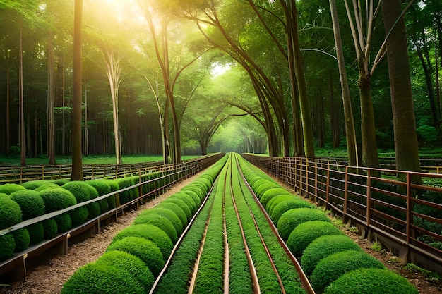 una vía de tren en el bosque con hierba verde