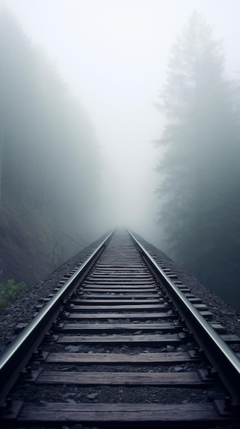 una vía de tren con un bosque de niebla en el fondo