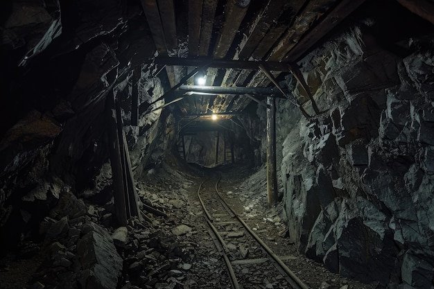 Foto una vía de tren desapareciendo en la oscuridad de un túnel creando una sensación de misterio y anticipación una mina embrujada con mineros fantasmas todavía trabajando generada por ia