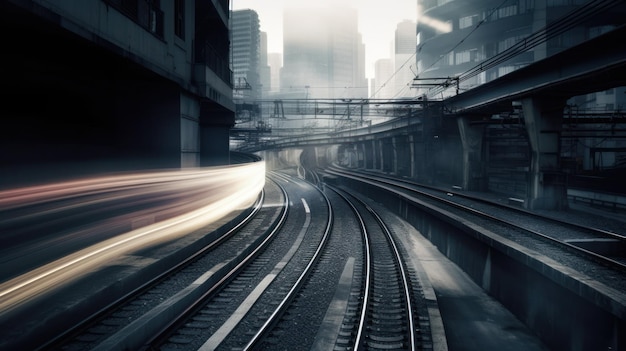 Una vía de tren con un desenfoque de luces