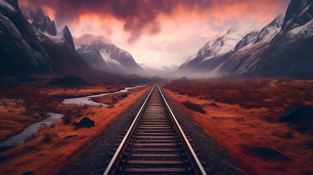 Una vía de tren con una montaña al fondo