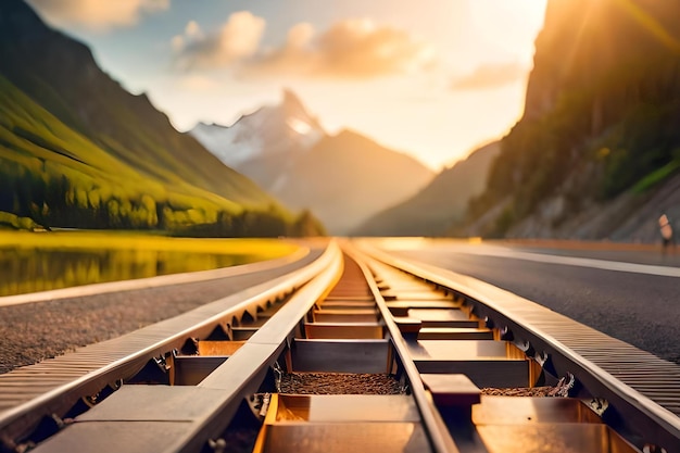 Una vía de tren con una montaña al fondo