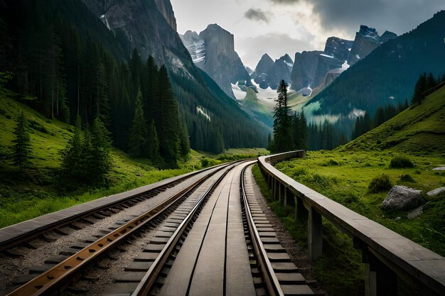 una vía de tren con montañas en el fondo