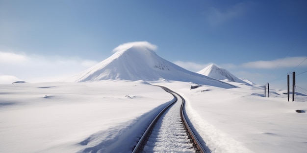 Una vía de tren en la nieve con una montaña al fondo.