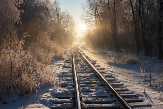 Una vía de tren en la nieve con el sol brillando sobre ella.