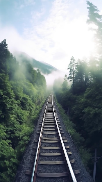 Una vía de tren que atraviesa un bosque verde vibrante