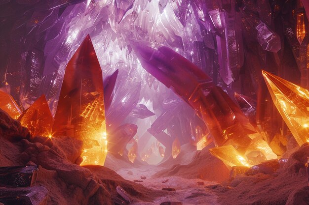 Foto viagem ao fundo de uma caverna de cristal radiante para uma ai generativa