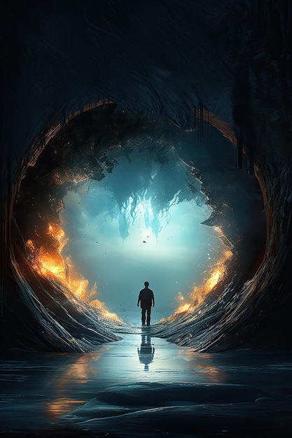 Viagem ao Invisível Um portal oceânico místico se abre para mundos oníricos incomuns brilhando com fogo