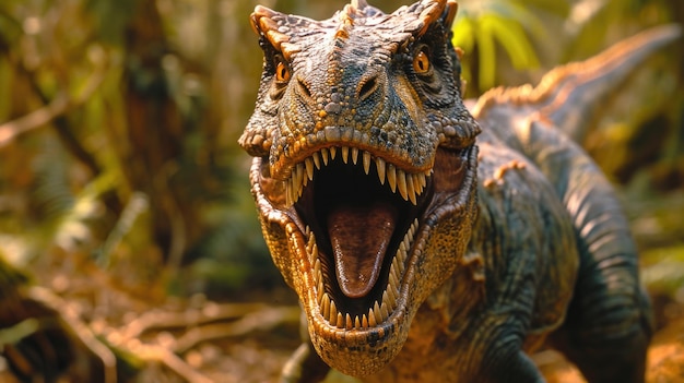 Foto viagem ao mundo jurássico de dinossauros espécies extintas com grandes predadores de dentes fortes era pré-histórica e o reino fascinante de répteis antigos