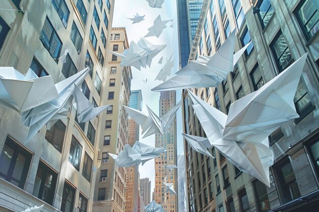 Foto viagem através de uma paisagem urbana onde origami gigante ed generativa ai