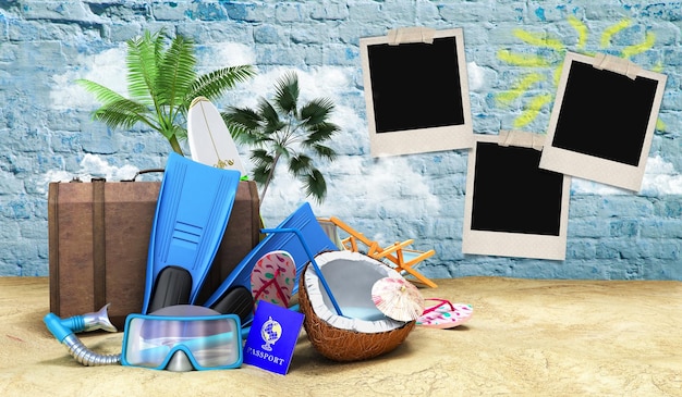 Foto viagem conceitual a países tropicais diferentes objetos na areia da praia renderização 3d em branco