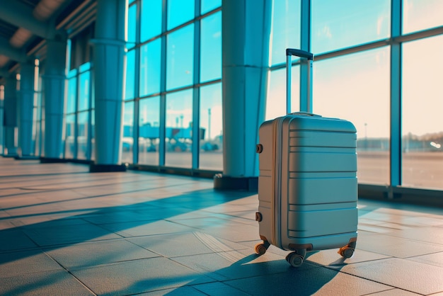 Viagem de bagagem de mala no terminal do aeroporto na sala de embarque em frente às janelas ai geração