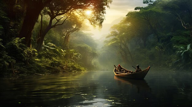 Foto viagem de barco através da encantadora floresta tropical uma cativante imagem uhd inspirada em terragen