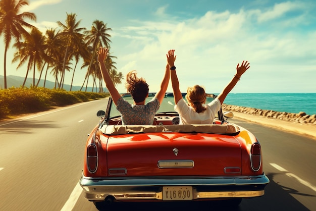 Foto viagem de carro férias casal feliz dirigindo um carro conversível