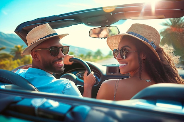 Viagem de carro férias feliz casal africano dirigindo carro conversível em viagem de verão