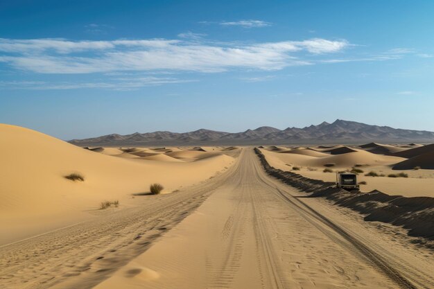 Viagem de carro pelo deserto com imponentes dunas de areia ao fundo criadas com IA generativa