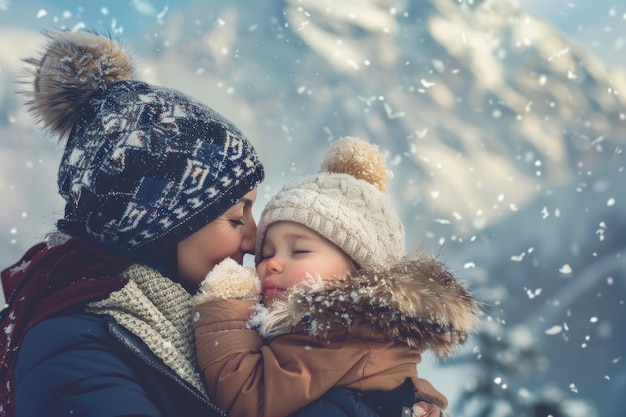 Viagem de férias de inverno ao ar livre com mãe e filho em montanhas nevadas