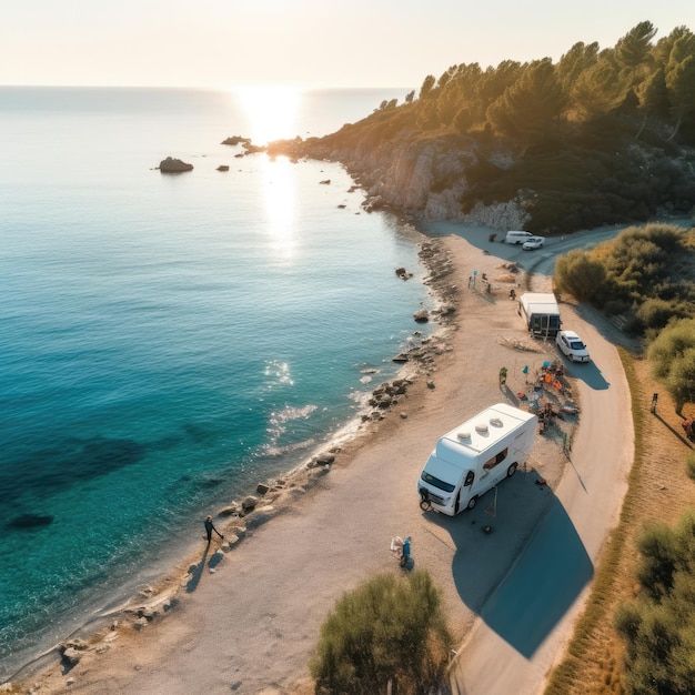 Viagem de férias em família Viagem de férias em RV em autocaravana Carro de caravana Férias Mar natureza Generative Ai