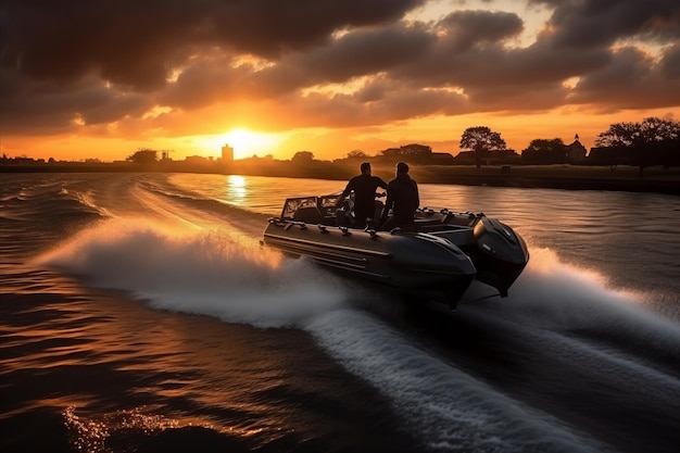 Viagem de iate de luxo Amigos desfrutando de uma divertida navegação ao pôr-do-sol no oceano sereno