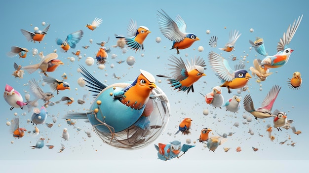 Foto viagem de migração de aves ilustrada por personagem 3d