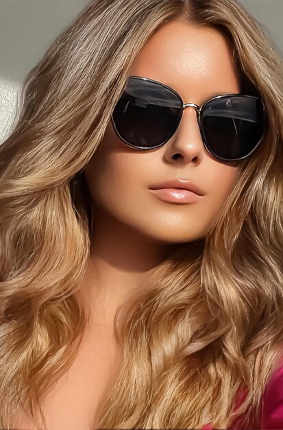 Viagem de moda de luxo e retrato de rosto de beleza de jovem loira usando óculos de sol chiques pele bronzeada e ondas de praia longa penteado acessório de verão e estilo glamour