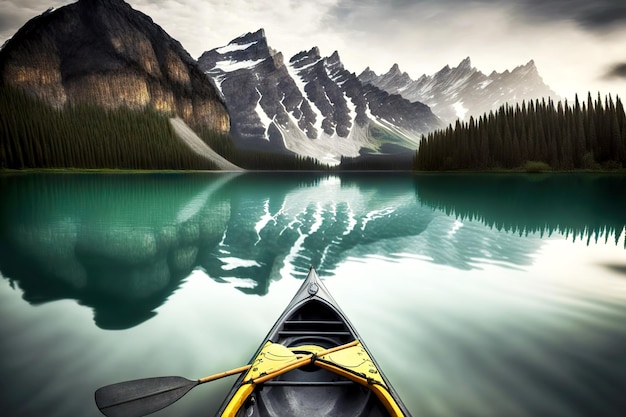 Viagem de paisagem montanhosa através do lago de inverno caiaque na antártica