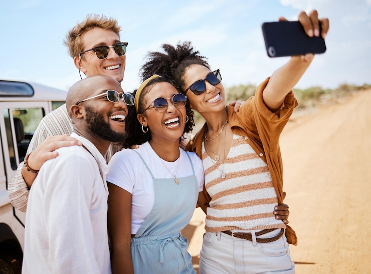 Foto viagem de safári e selfie de telefone de amigos para mídia social com pessoas multirraciais na estrada de terra grupo de amizade diversificado desfrutando de férias no mato juntos na áfrica do sul com fotografia de smartphone