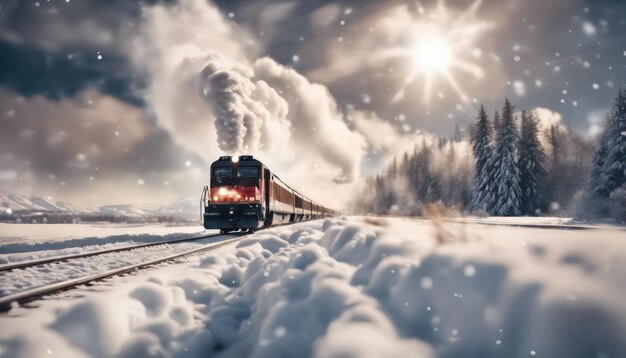 Viagem de trem de inverno através de uma paisagem coberta de neve