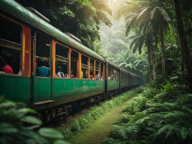 Viagem de trem por florestas mágicas em um paraíso tropical imaginário