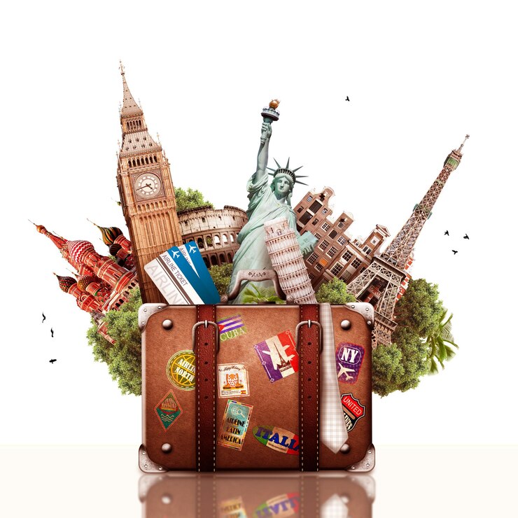 Viagem e Turismo. Mala e pontos de referência