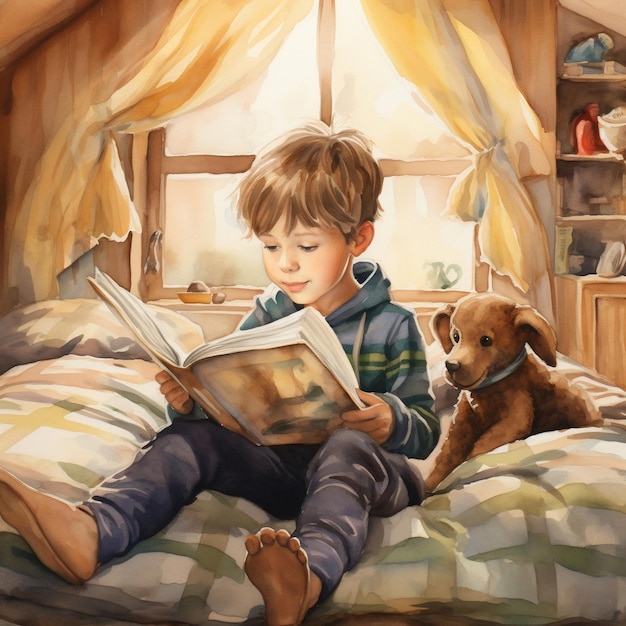 Viagem imaginativa Kid lendo livro infantil em desenho aquarela IA generativa