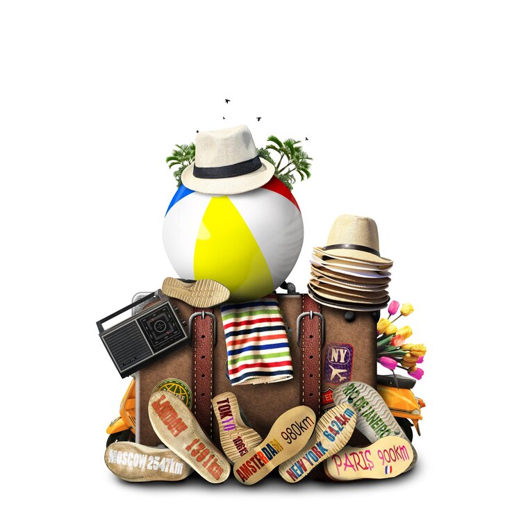 Viagem, mala retrô com chapéus de viagem e sapatos velhos