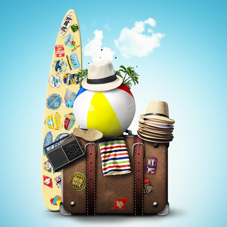 Viagem, mala retrô com chapéus de viagem, prancha de surf e sapatos velhos