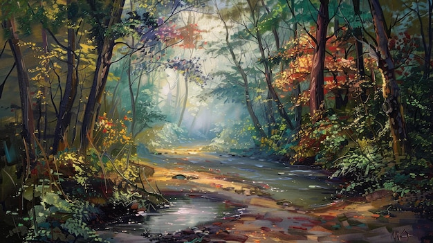 Viagem mística à frente de uma rua tranquila em uma bela floresta com riacho