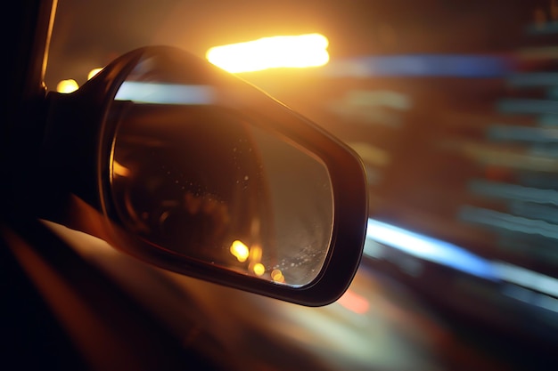 viagem noturna no fundo do carro, resumo borrado espelho retrovisor estrada urbana