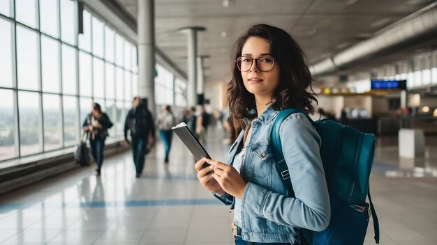 Foto viagem para o aeroporto e retrato de mulher com passaporte, bilhete de avião ou informações de viagem de imigração