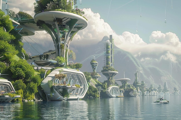 Foto viagem para o futuro com uma cidade flutuante conce generative ai