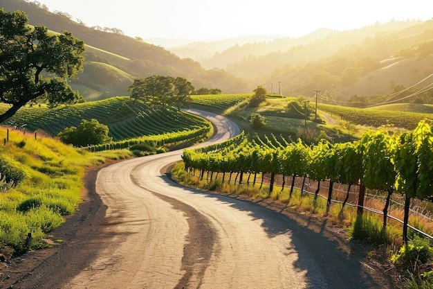 Foto viagem por estrada no campo do vinho uma imagem pitoresca de uma estrada sinuosa através de vinhas